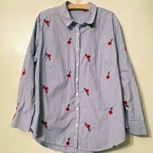 Gibson Latimer blue/white stripped rose embroidery long sleeve blouse